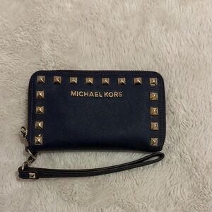 Michael Kors Dark Blue Wristlet with Gold Accents